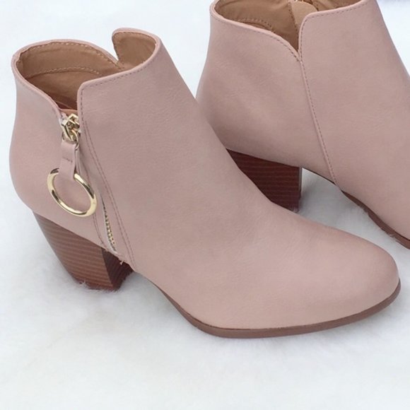 Shoes - Nude Ankle Booties Gold Ring Zipper
